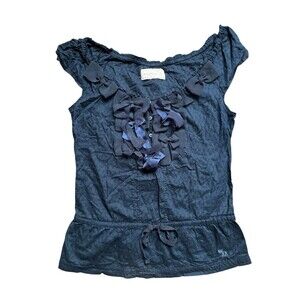 Abercrombie & Fitch Top Blouse Navy Blue Bow Embellishment Peasant Y2K Sz M